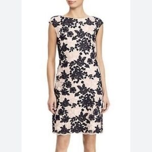 Lauren Ralph Lauren Sheath Overlay Cocktail Dress Cream Black Midi Size 10